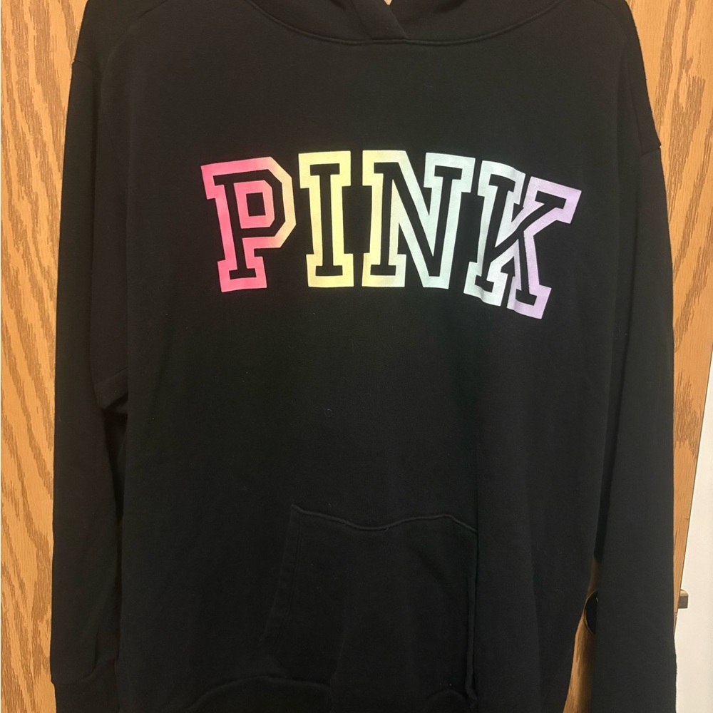PINK Victoria's Secret Black Hoodie with Multicolor Logo